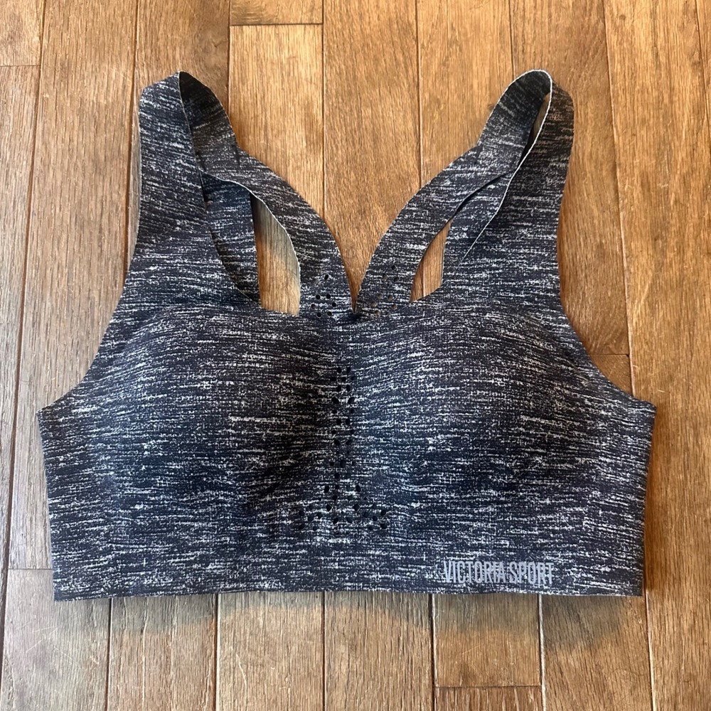 Victorias Secret Sport Angel Max Sports Bra Women 32B Space Dye Gray Black Gym